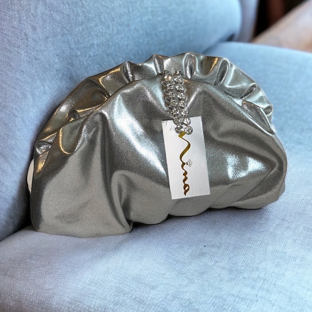 Women's Brand New Right Silver Metallic Gathered Clutch Bag with Crystal Chain
